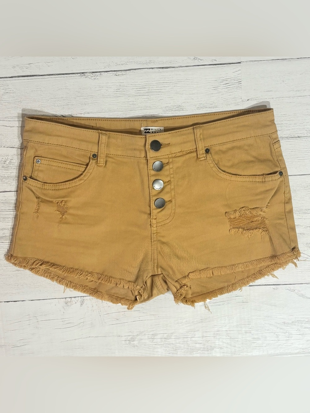 Billabong Mustard Distressed Denim Shorts Button Fly Mid Rise Size 28